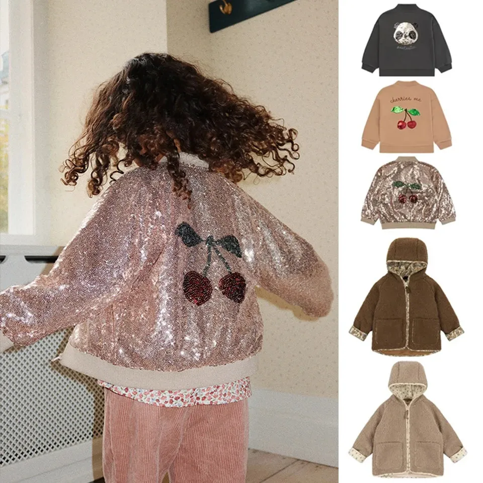 Giacche Ks Ragazzi Panda Paillettes Pile Capispalla Ragazze Cute Cherry Ricamo Giacca Bambini Addensare Cappotto con cappuccio Mantieni caldo Felpa 231026