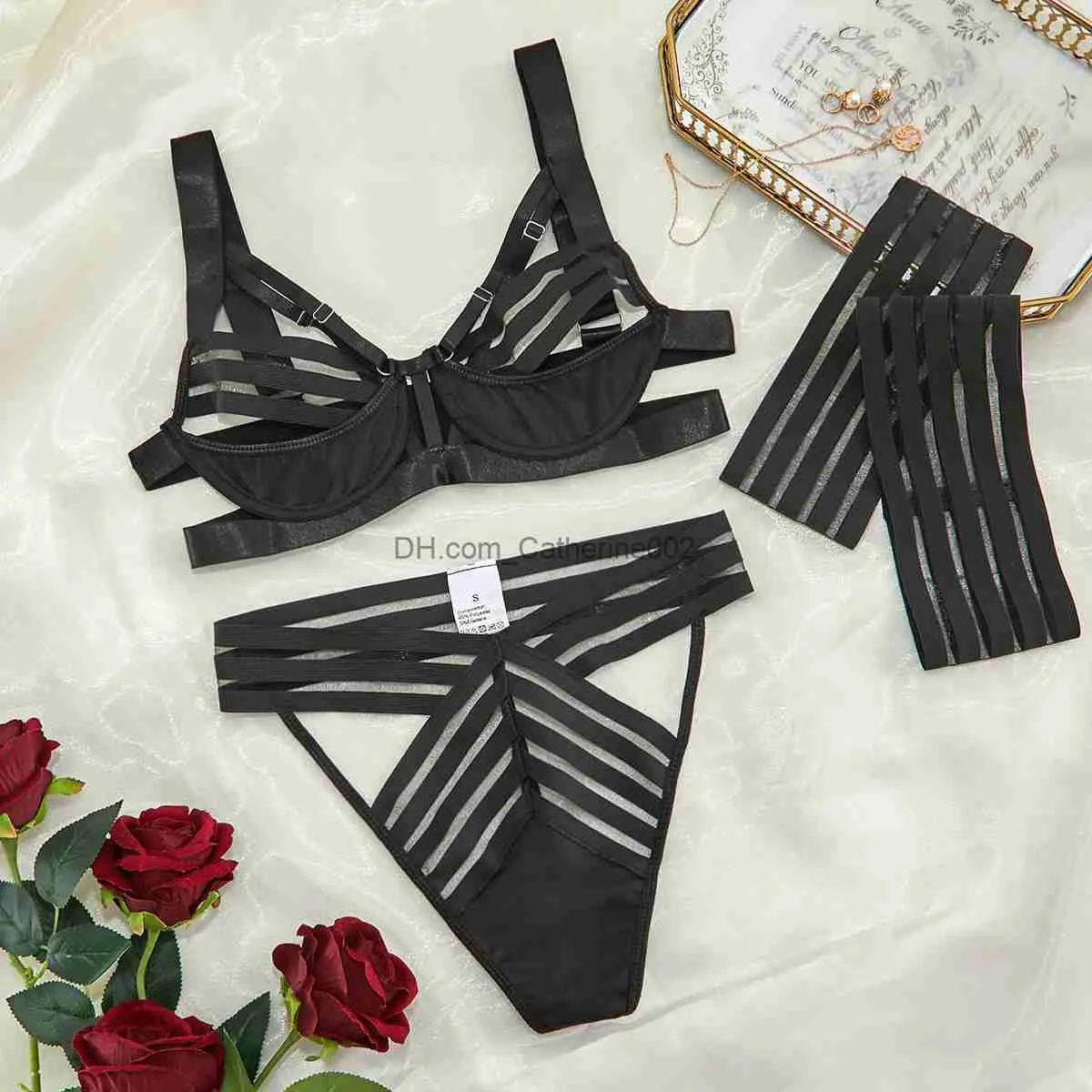 Black Exotic Bandage Lingerie Set With Cut Out Bra And Transparent