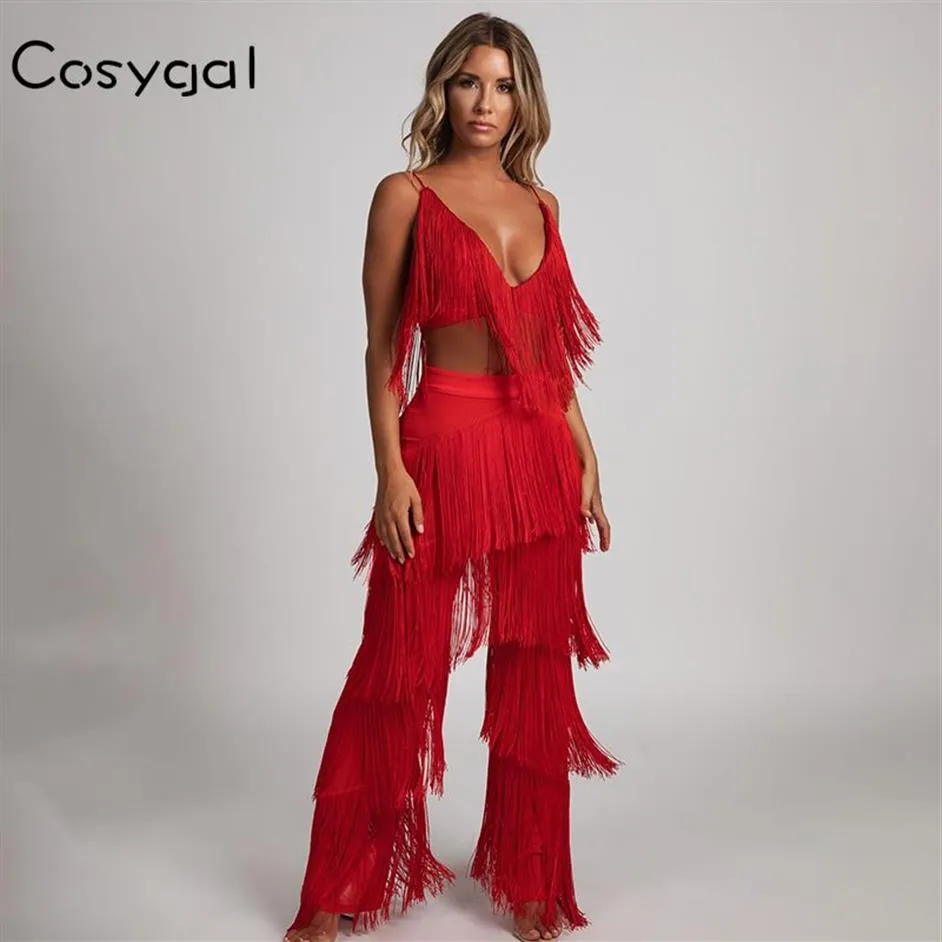 Cosygal Red Full Tassel Sexig Jumpsuit Rompers Women New Fashion Two Piece Suit 2018 Elegant Party Night Clubwear Summer Jumpsuit293w