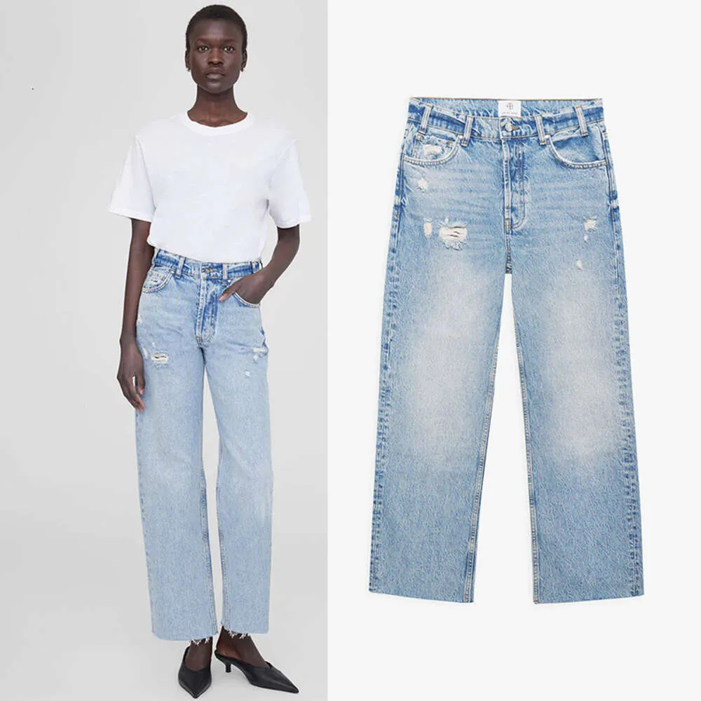 Verwaschene Jeans mit hoher Taille, Designerin Anines Bings, zerrissene Löcher, abgenutzte Damen-Jeans mit geradem Bein und verkürztem Denim