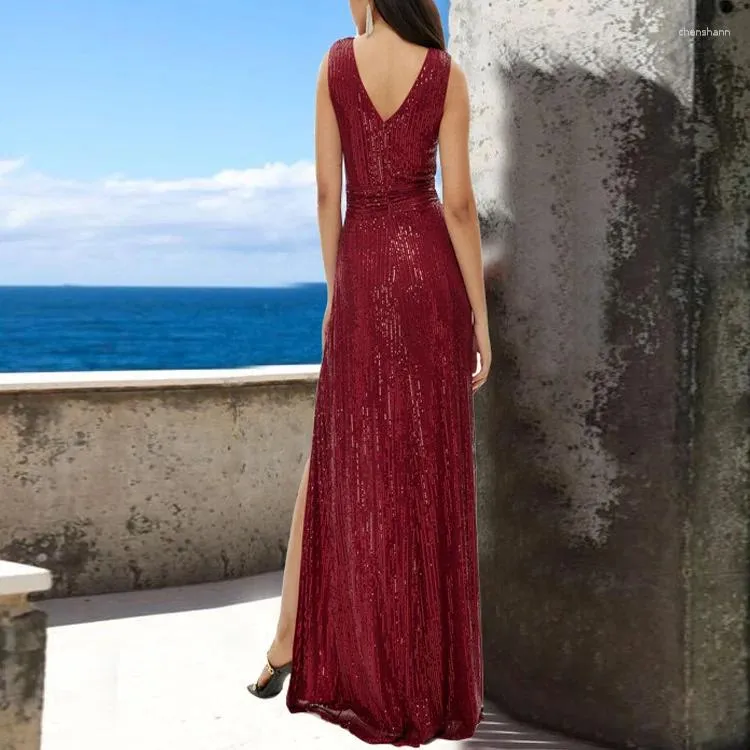 Robes décontractées élégante mince robe sexy paillettes queue de poisson longue en ligne événement rouge banquet modèle de voiture robe de soirée fendue 2023
