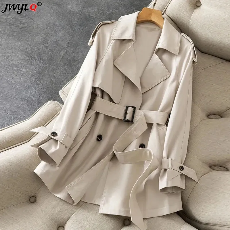 Mulheres Trench Coats Primavera Outono Streetwear Duplo Breasted Casaco Curto Para Mulheres Clássico Manga Longa Cinto Blusão Casual Comprimento Médio 231026