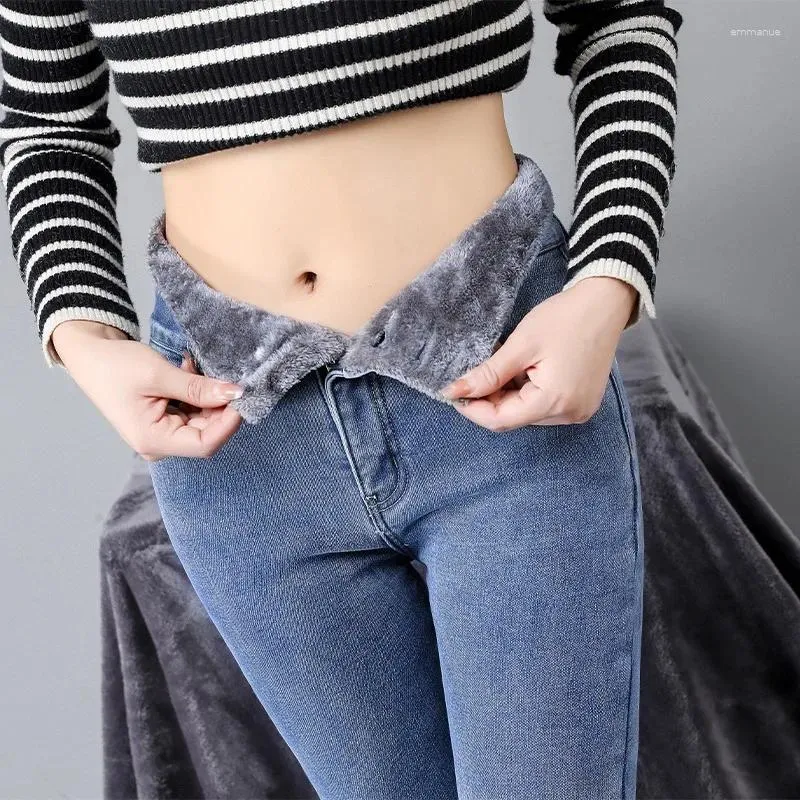 Женские джинсы, женские флисовые брюки с высокой талией, тонкие эластичные утепленные брюки, зимние теплые женские брюки