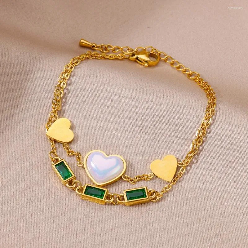 Link Bracelets Stainless Steel Square Zircon Double Layer Chain Heart Bracelet For Women Gold Color Jewelry Summer Decoration Gift