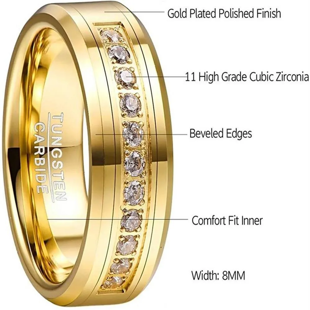 Bröllopsringar Vakki Men's 8mm Tungsten Carbide Ring Band med Round Cubic Zirconia Gold Plated CZ Engagement Storlek 7-12292K