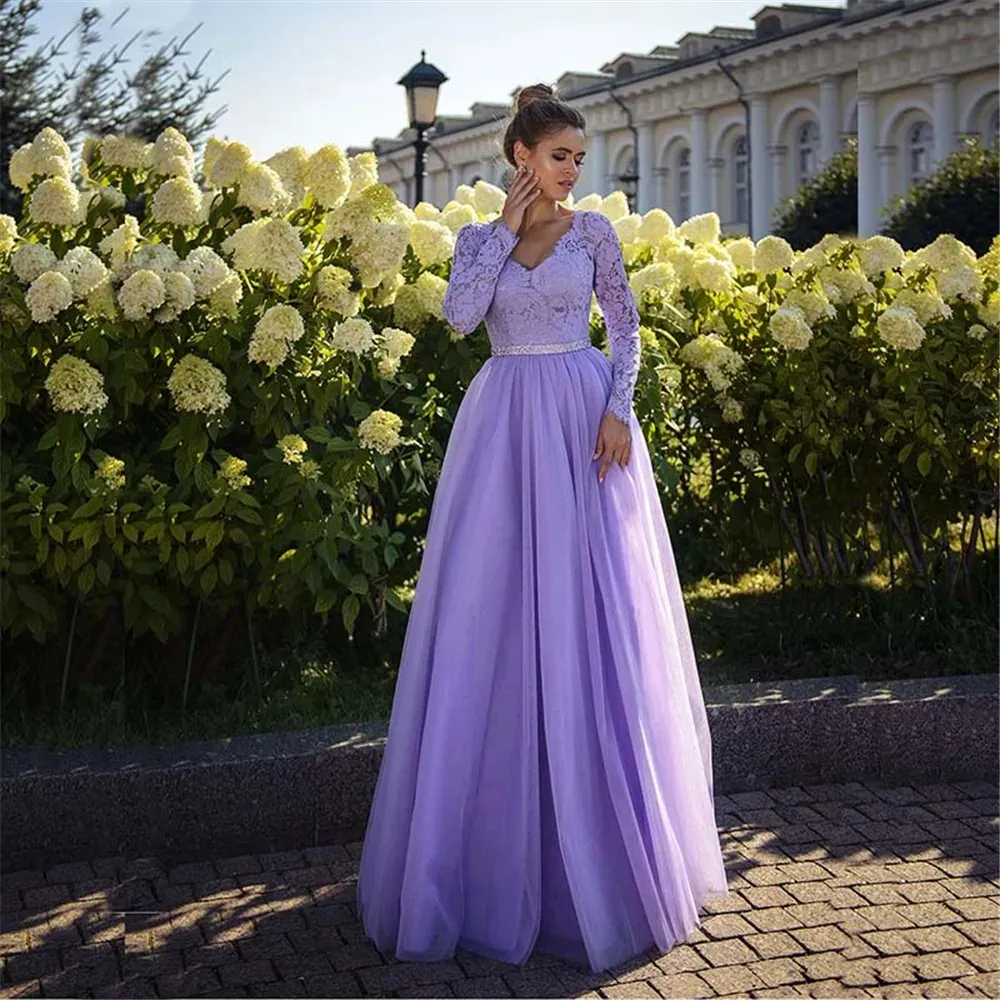 Vestidos de fiesta de encaje de tul lila, línea A, corsé de manga larga,  vestido de fiesta de noche para mujer, vestidos formales para damas de  honor