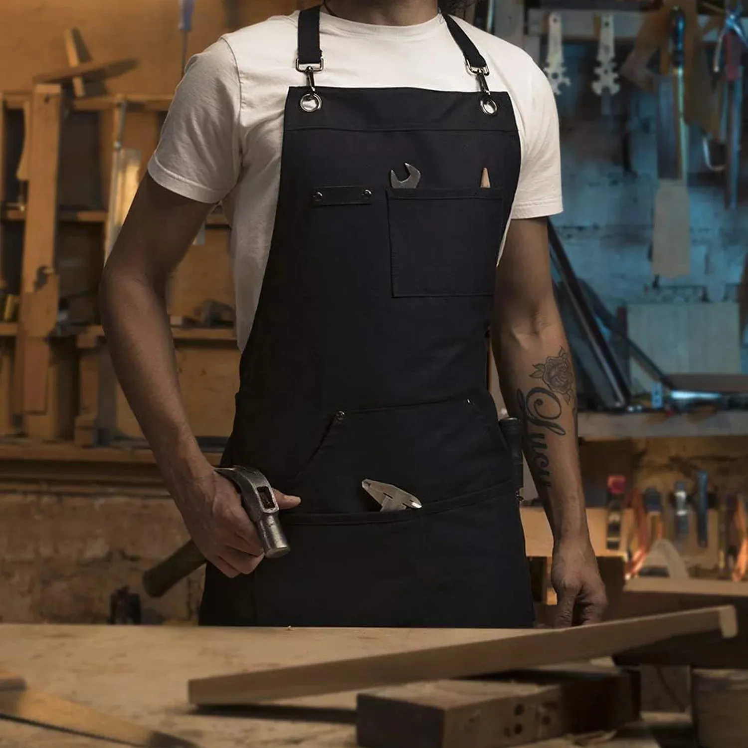 Chef Apron For Men – Black Cotton Canvas, Adjustable M-XXL, With Pockets, Bottle Opener & Whistle