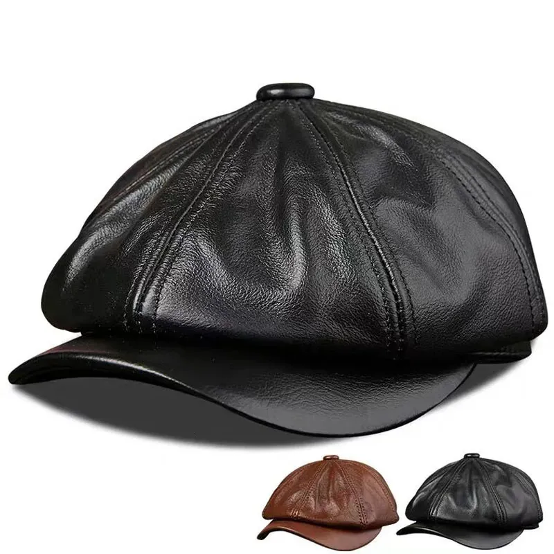 Berets Männer Echtes Leder Warme Achteckige Kappe Casual Vintage Sboy Cap Golf Fahren Flache Cabbie Hut Winter Männliche Künstler gatsby Cap 231027