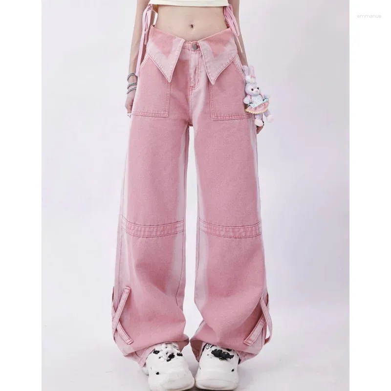 Jeans femininos 2023 kawaii vintage mulheres rosa cintura alta americana perna larga calças moda hip hop harajuku reta outono azul calças