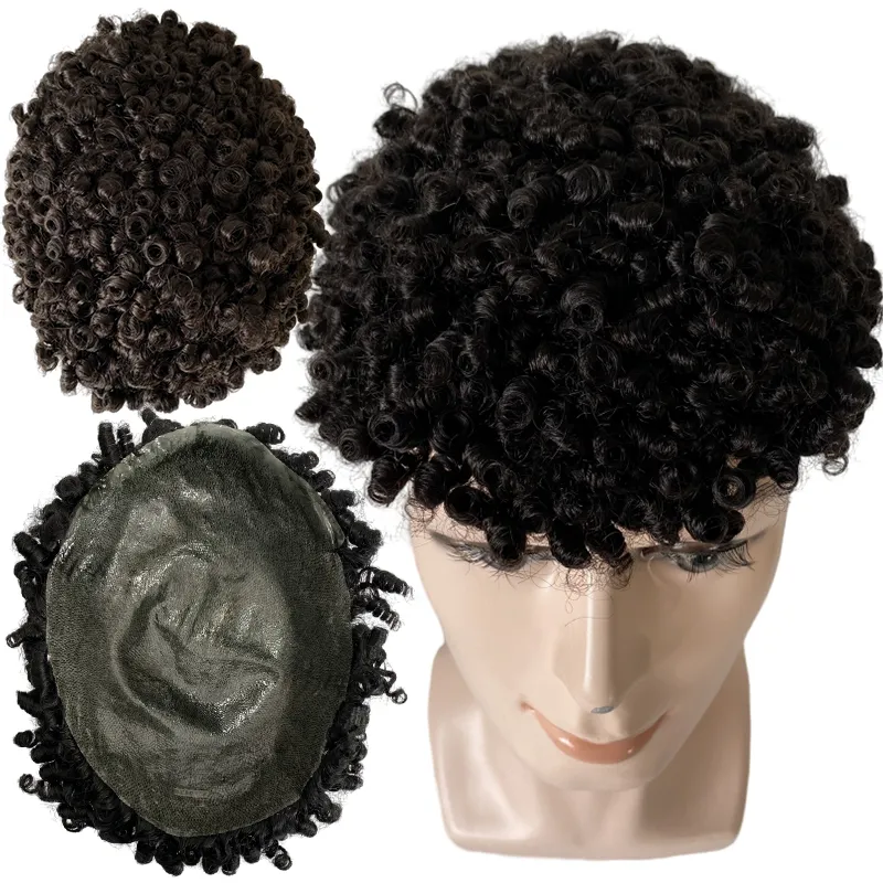 Европейские системы натуральных человеческих волос 8 мм Curl # 1b Черный надувной вьющийся парик 8x10 узлов ПУ блок для чернокожих мужчин