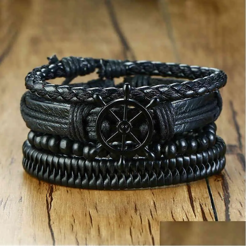 Charm Bracelets Vnox Mix 4Pcs/ Set Braided Wrap Leather Bracelets For Men Women Vintage Wooden Beads Ethnic Tribal Wristband Dhgarden Othvs