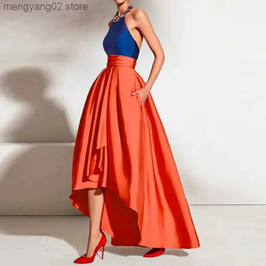 Runway Dresses Elegant Hot Orange High Low Satin Skirts Women Long Skirt With Pockets Zipper Custom Made Maxi Skirt Female Bottom T231027