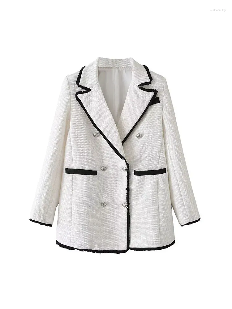 Costumes pour femmes printemps 2023 Polo coupe ajustée haut tendance polyvalent personnalisé col fendu laine épissure costume petit manteau parfumé
