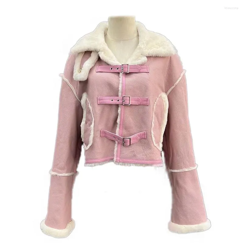 Skóra damska Janefur prawdziwa kurtka Kobiet 2023 Pink Real Sheepskin Fur Gruby zimowy płaszcz zimowy