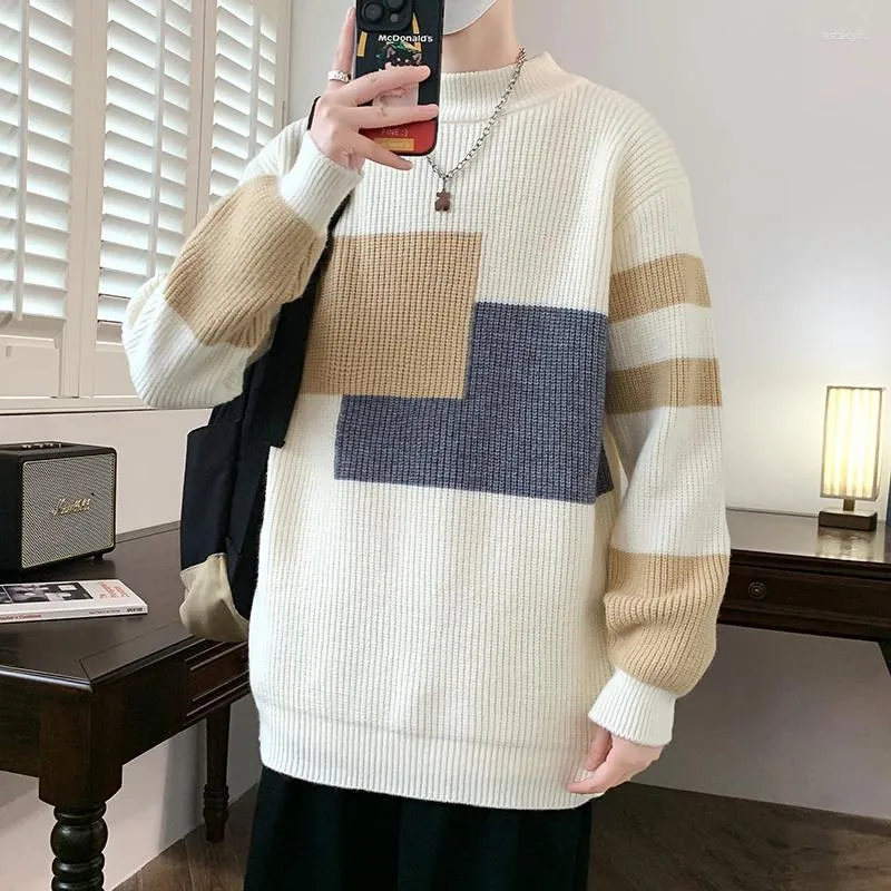 Men's Sweaters Loose Sweater Coat Trendy Round Neck Color Square Autumn And Winter Jumpers Knitted Pullover Jacket M-4XL