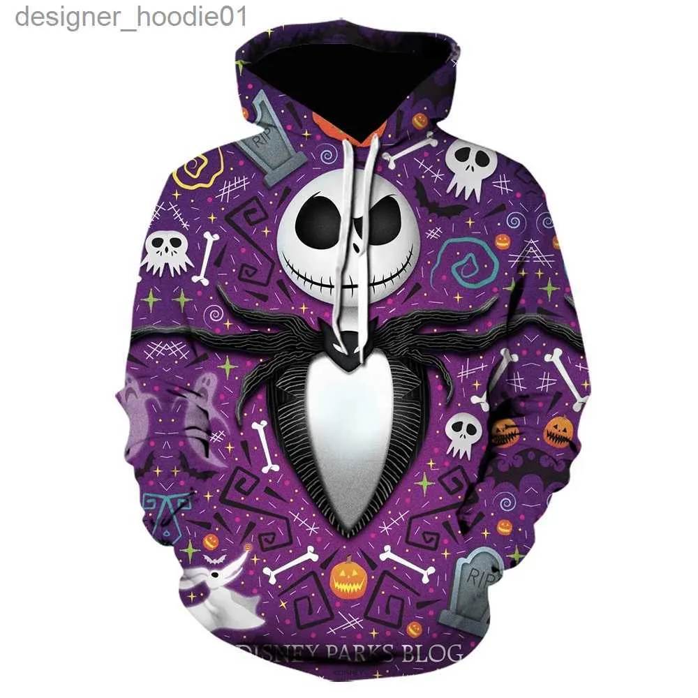 Moletons masculinos Moletons Anime Filme de terror Jack e Sally Halloween Nightmare 3D Print Hoodies Mulheres Moda masculina antes do Natal Moletons casuais L231027