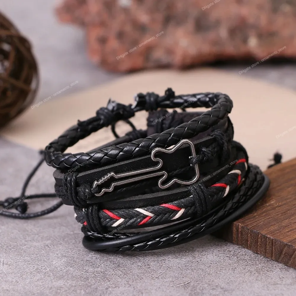 Moda Nuovo 4 Pz / set Chitarra Croce Foglia Fascino Tessuto Braccialetti da uomo in pelle le donne Homme Femme Gioielli maschili Gioielli di moda all'ingrosso Bracciali fascino chitarra