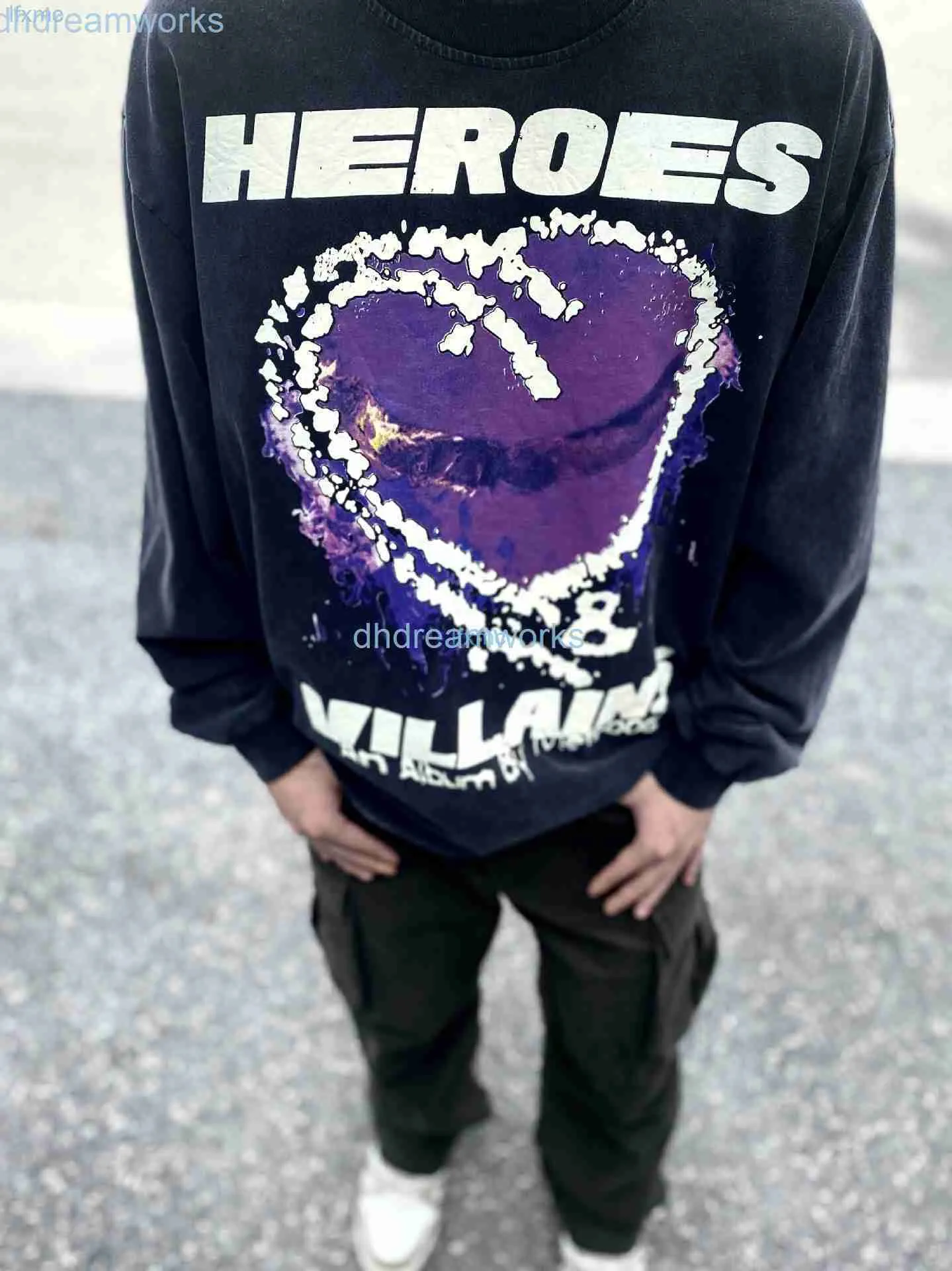 Hellstar Purple Heart Print Exclusive Kanyewest samma tvättbara gamla långa ärm T-shirt Eohi