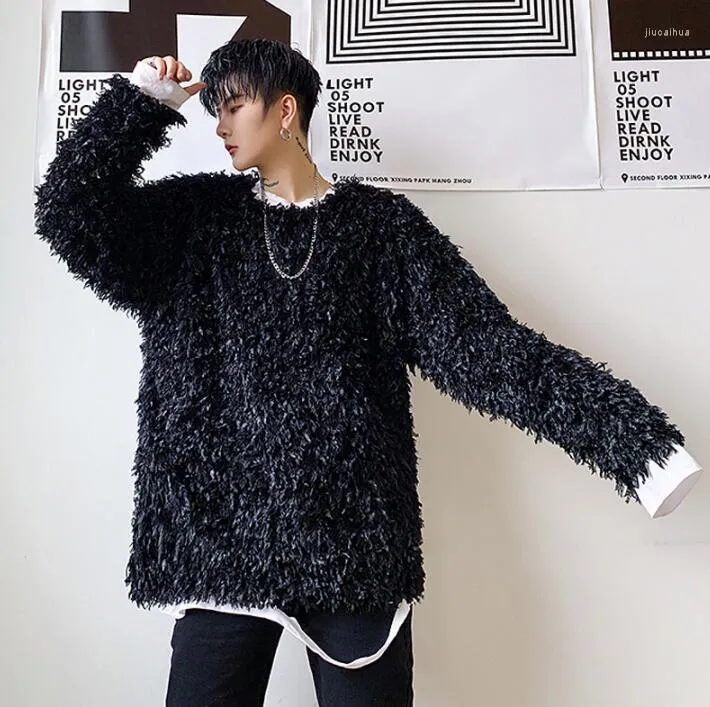 Camicie casual da uomo Camicia moda Uomo Maglione peloso Adolescente coreano Uomo Colletto tondo Manica lunga Sciolto Nero Personalità Stage