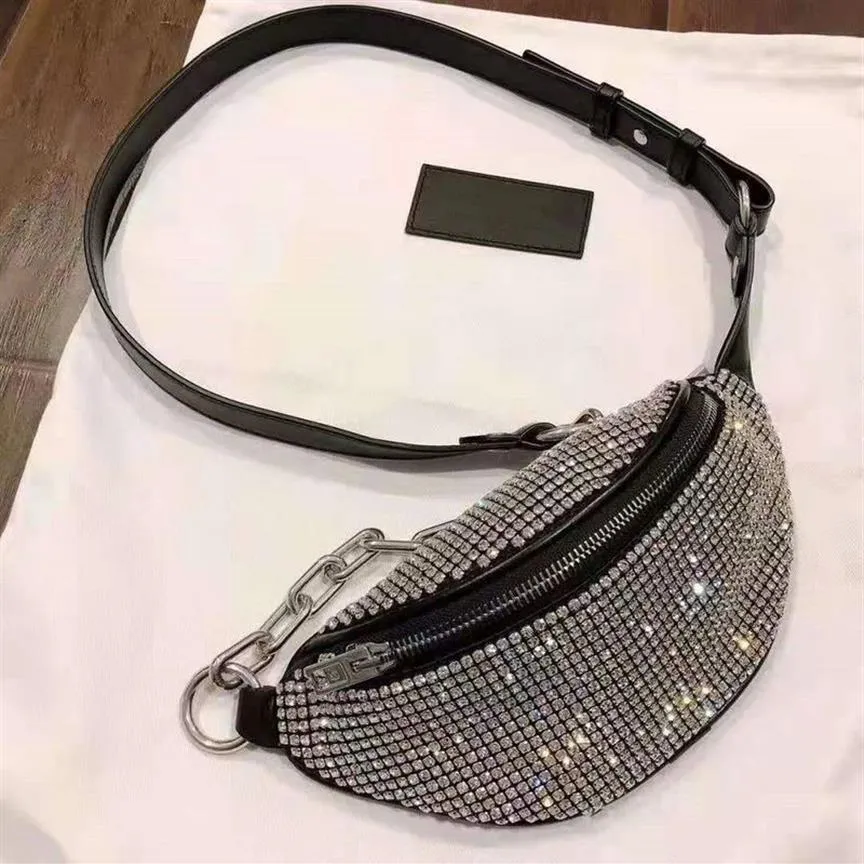 Women Attica Rhinestone Waist Bags Mini Fanny Pack Zip Compartment Designer Lady crystal glass Adjustable Bike Chain Strap Bag175S