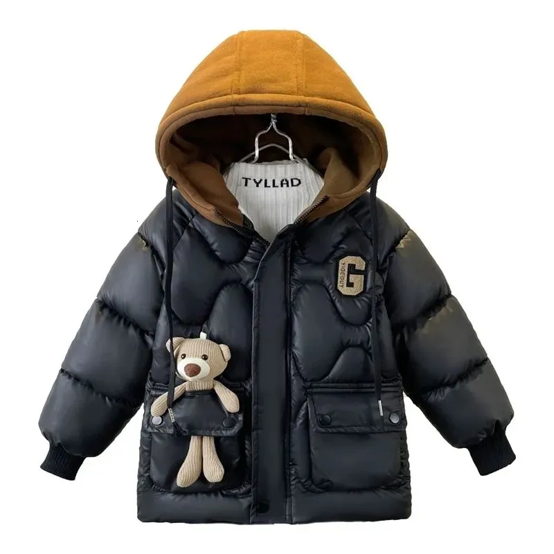 Daunenmantel Jungen Jacke Oberbekleidung Tasche Verdickte Baumwolle Bär Feste Kapuze 2023 Winter Warme Baby Kinder 412y 231027