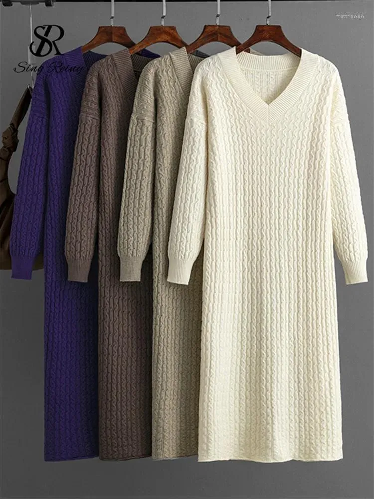 Casual Dresses SINGREINY Autumn Solid Long Sleeves Sweater Dress V Neck Twist Thick Loose Home Wear Knitted