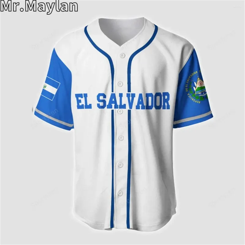 Camisas casuais masculinas El Salvador 3D Branco Azul Malha Fibra Jersey de Beisebol para Homem T-shirt Tops Tee Mens Streetwear Manga Curta Esporte