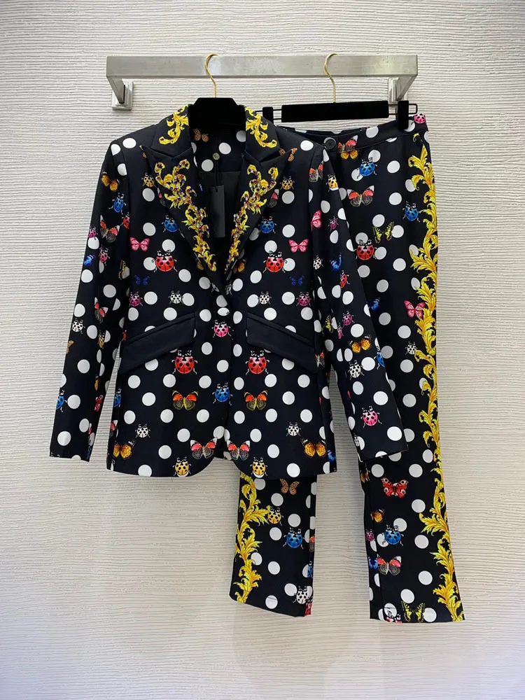 2023 outono preto polka dot strass calças de duas peças define manga longa lapela entalhada blazers top + calças compridas conjunto ternos de duas peças b3o24