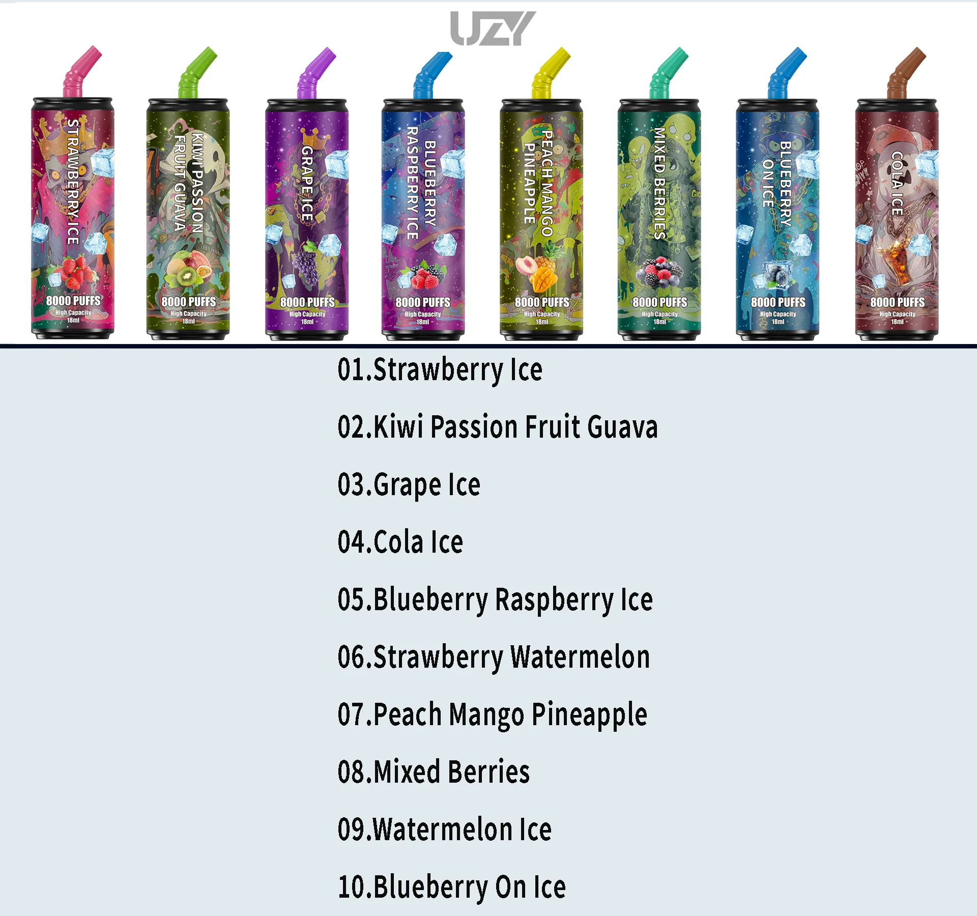 Original UZY BAR 8000 Puff 8000 Puffs 8K E-cigarros descartáveis Características Bobina de malha 1.2ohm 14ml Descartáveis Vapes Pen 0/2/3/5% Recarregável 1100 mAh VS Kulx