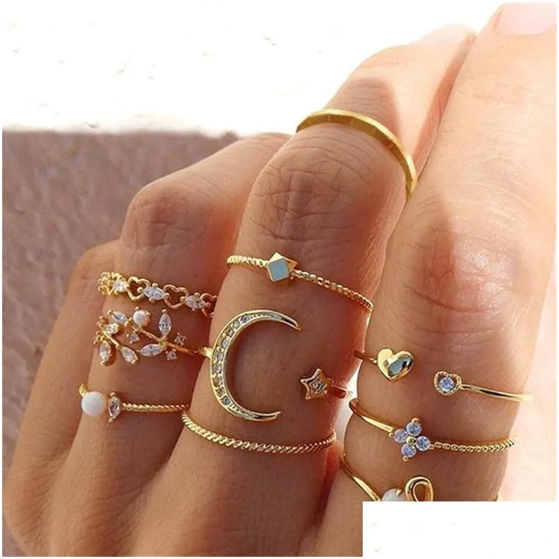 Boho Vintage Or Couleur Lune Knuckle Anneaux Ensemble Pour Femmes Cristal Étoile Géométrique Femelle Doigt Bijoux Drop Livraison Dhgarden Otk0C