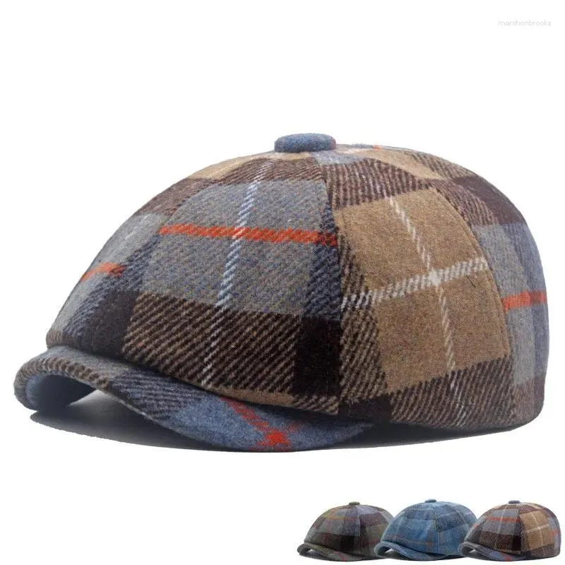 Berets Vintage Plaid Beret Son Autumn i zimowy ciepły wełna naprzód czapka ośmioboczna czapka malarz street mody sboy
