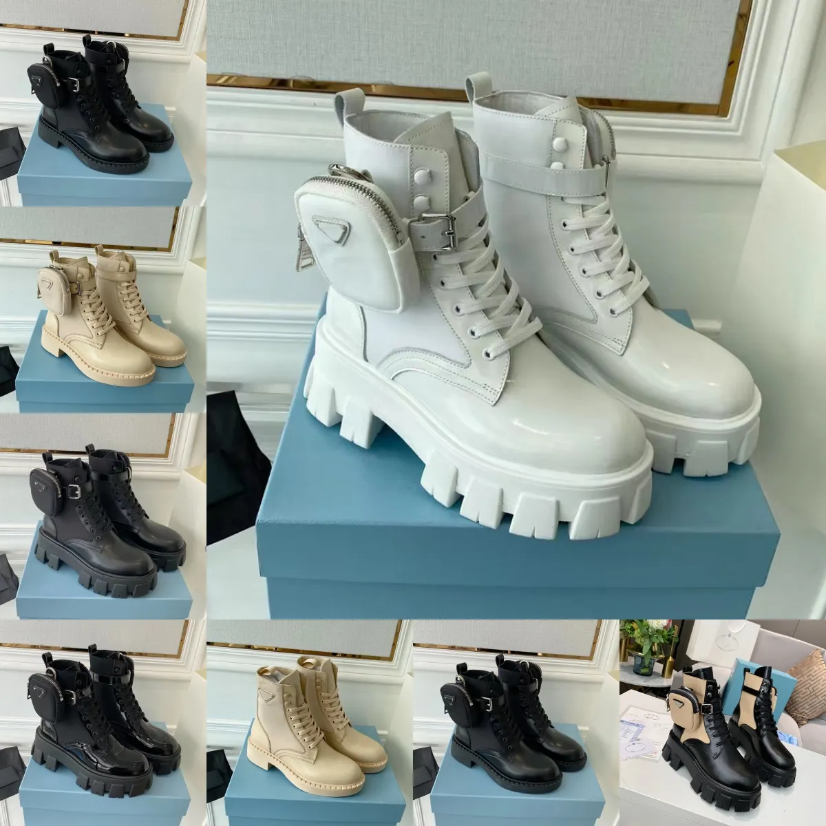 أعلى جودة أحذية الموضة Martin Designer Boots Womens Shoes Ongle Boot Pocket Black Pr Roman Bootss Boodels مستوحاة من القتال الأبيض مع صندوق