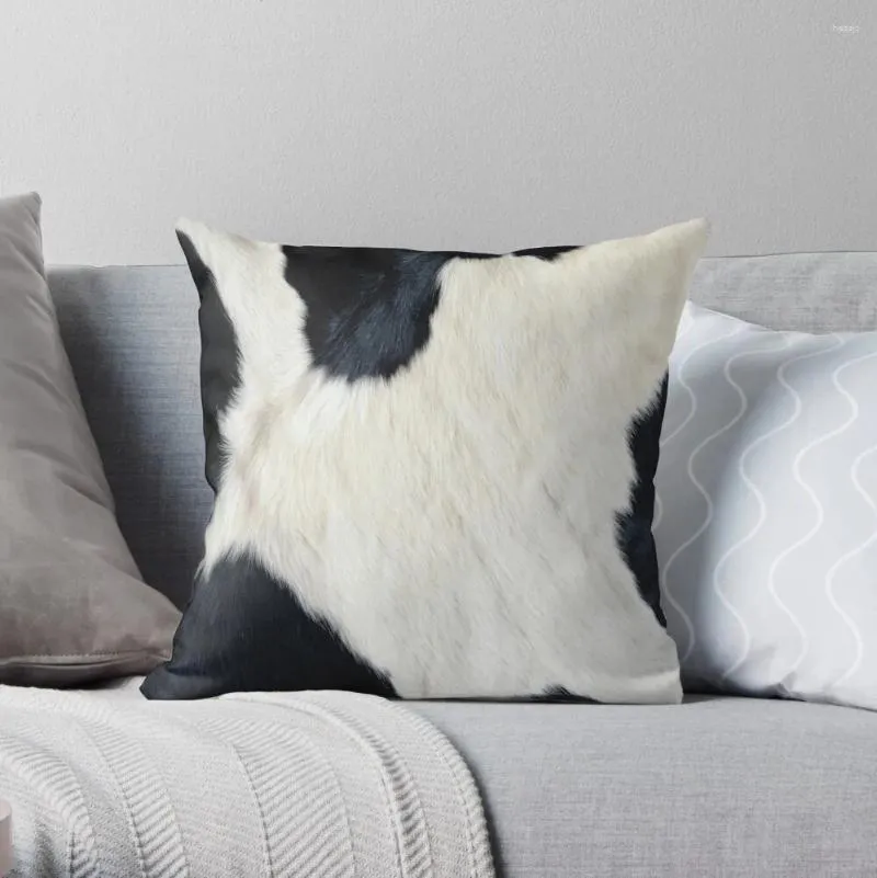 Housse de coussin en fausse peau de vache, noir et blanc