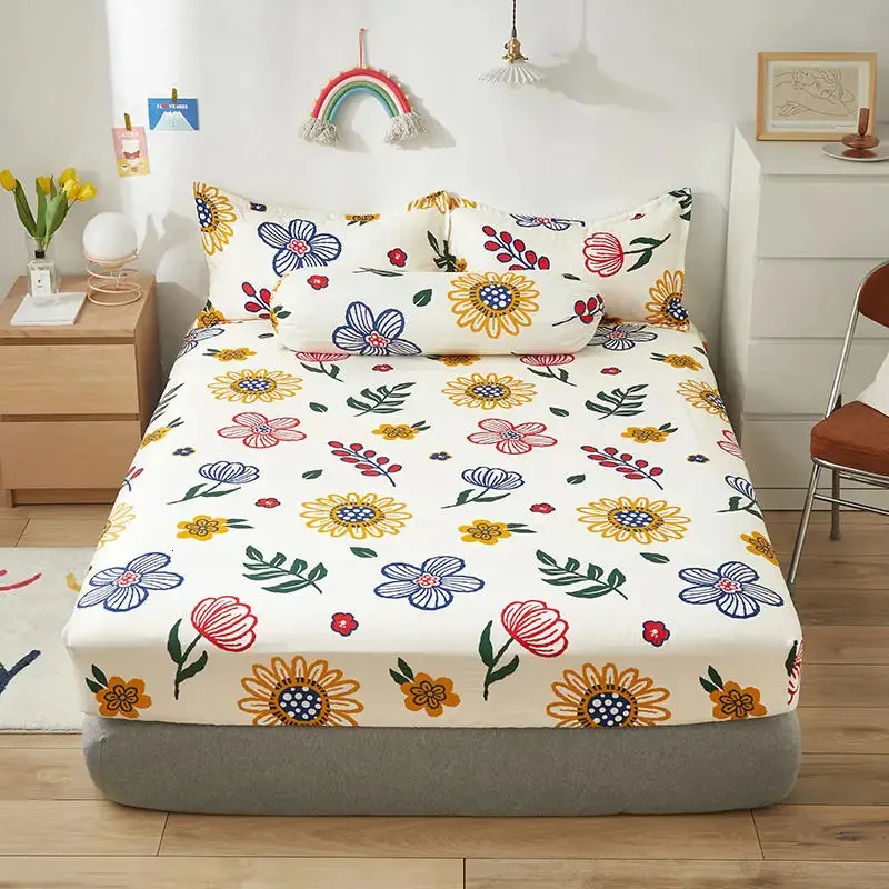 Sängkläder set monterade lakan med elastisk band king size säng täcker blommig stil sabanas cama 150 ark ingen örngott 231027