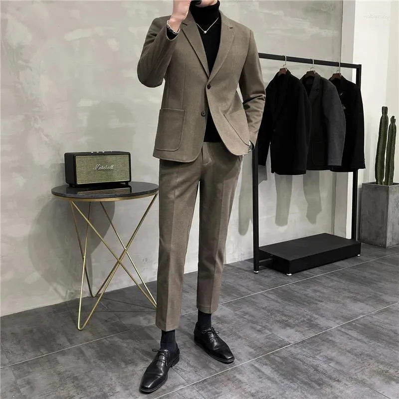 Erkek Suit 2023 Varış Erkekler Akıllı Günlük Takım Elbise Ceket İnce Fit Blazer ve Pantolon