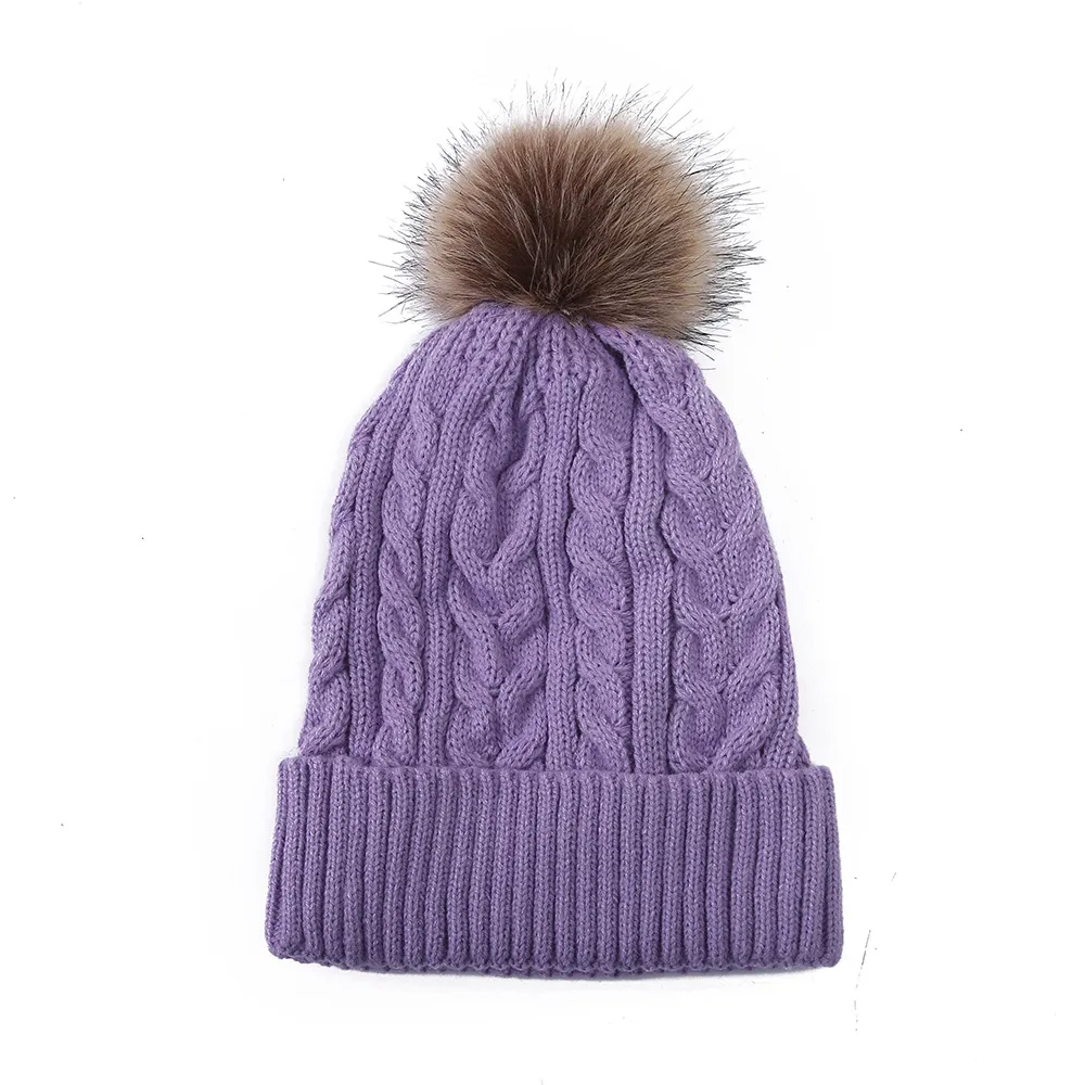 Wholesale Custom Logo Knit Bobble For Women Cable Rib Faux Fur Pom Pom Beanie Hat With Pompom DF299