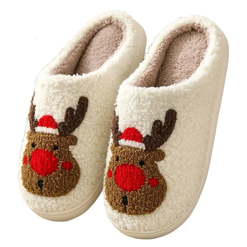 Slippers Fashion Elk Christmas Slippers Women Soft Warm Cotton Indoor Slippers Men Winter Cute Deer Room Shoes Plush Velvet Home Shoes 231027