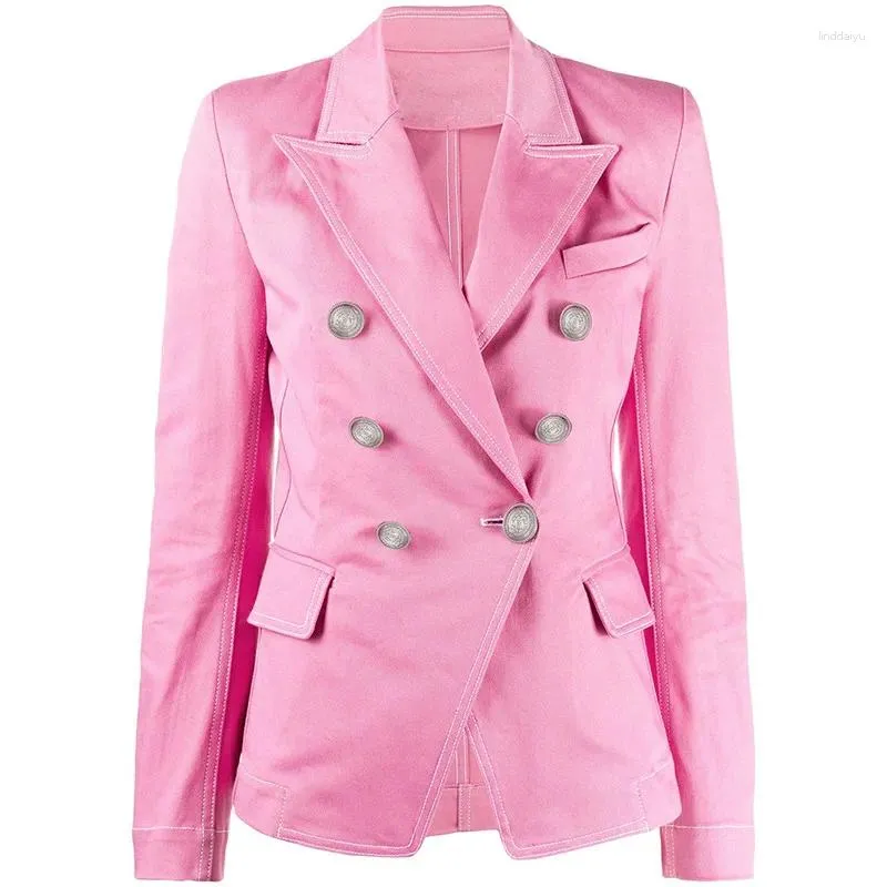 Women's Suits Pink Denim Jackets Blazer Suit Slim Silver Double-Breasted Button Long Sleeve Female Notched Collar Ladies Jacket