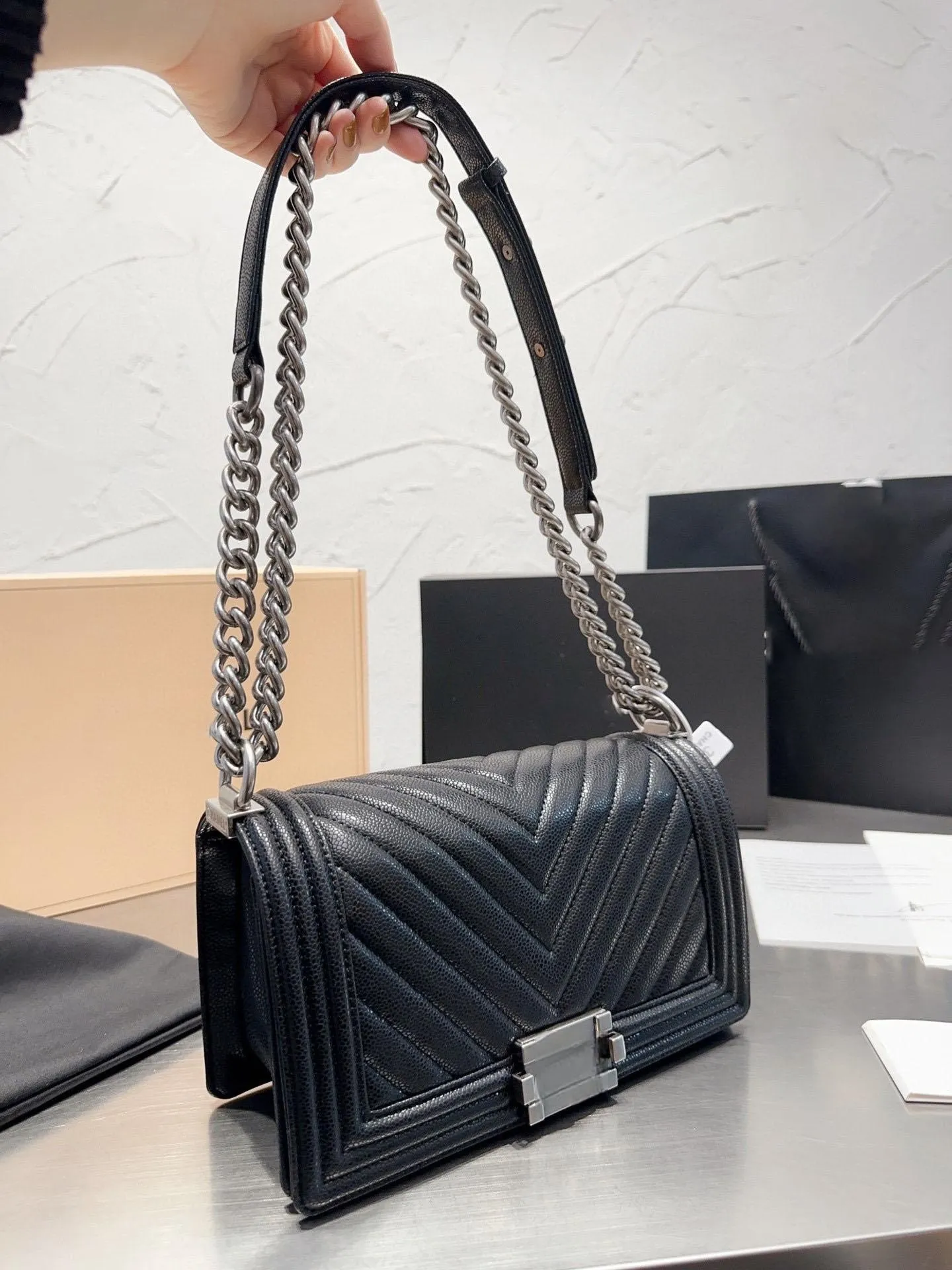 10A luxurys handbags Boy Handbag Sling Side Bag Caviar Leather Silver Gold-Tone Metal Adjustable Chain Purse Metal Lock Gabrielle Quilted For Women Classic Bag 25cm