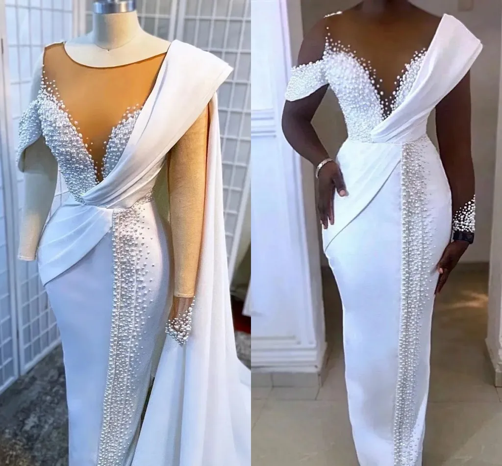 2024 árabe aso ebi luxuoso bainha vestido de casamento pérolas sheer neck africano vestidos formais de noiva feminino customed vestidos de noiva