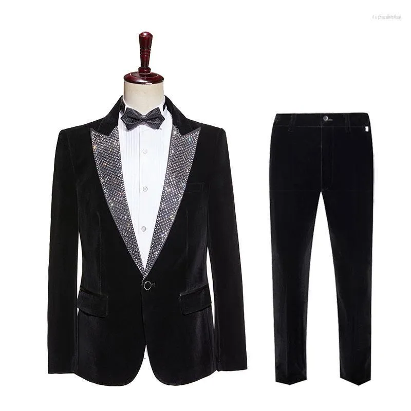 Mäns kostymer herrens svarta sammet kostym bröllop bankett kväll fest värd tuxedo strass lapel krage blazer byxor 2 bit