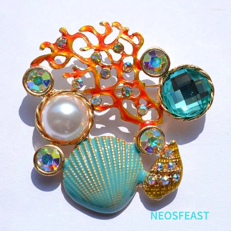 Broches delicados multicoloridos esmaltados coral strass para mulheres pérola concha corsage pin senhoras presentes acessórios joias de moda