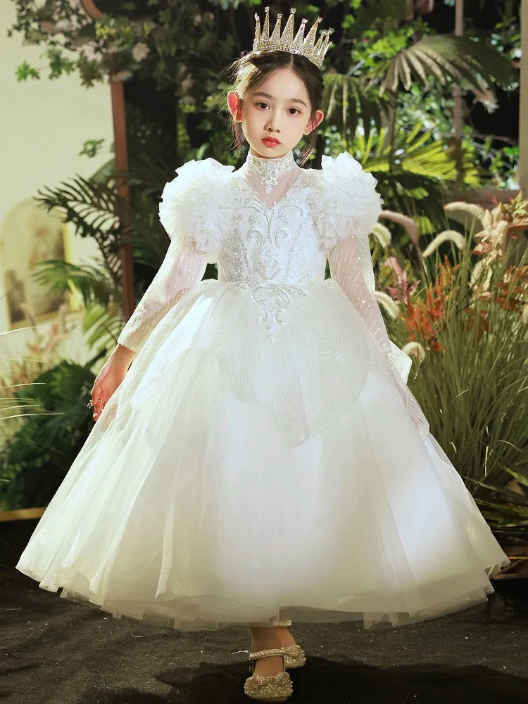 Handmade Princess Princess Flower Dress with Beaded Crystal Embellishments and Shiny Tulle Skirt - Perfect for Birthdays, Weddings, Communion, and