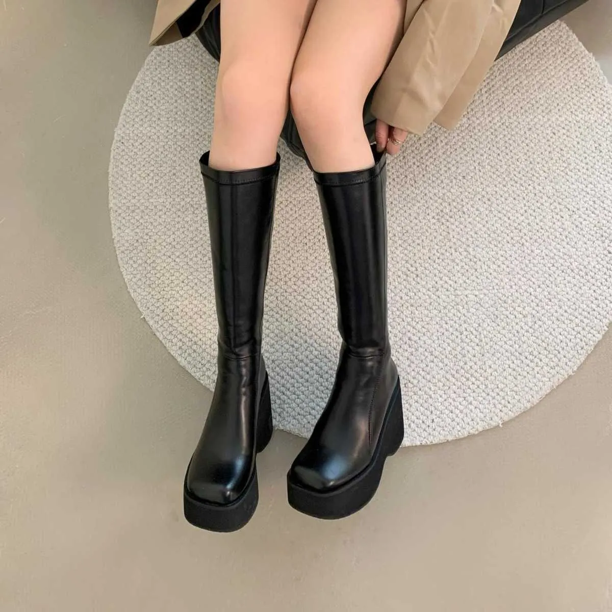 Elastic skinny boots for women's sponge cake thick soles, thick heels, super high heels, knee length boots, thigh boots, stage performance women's boots 231028