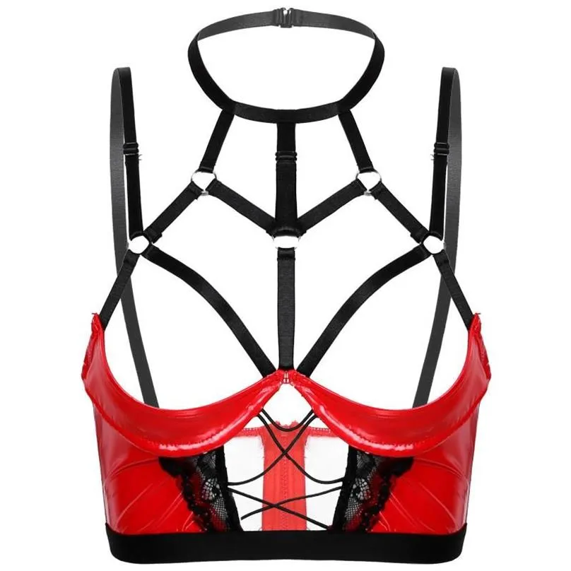 Femmes Halter Soutien-Gorge Tops Lingerie Latex Sexe Débardeur Exotique Pole Dancing Costumes Sexy Punk Vêtements Faux Cuir À Armatures Soutien-Gorge Sans Doublure S292S