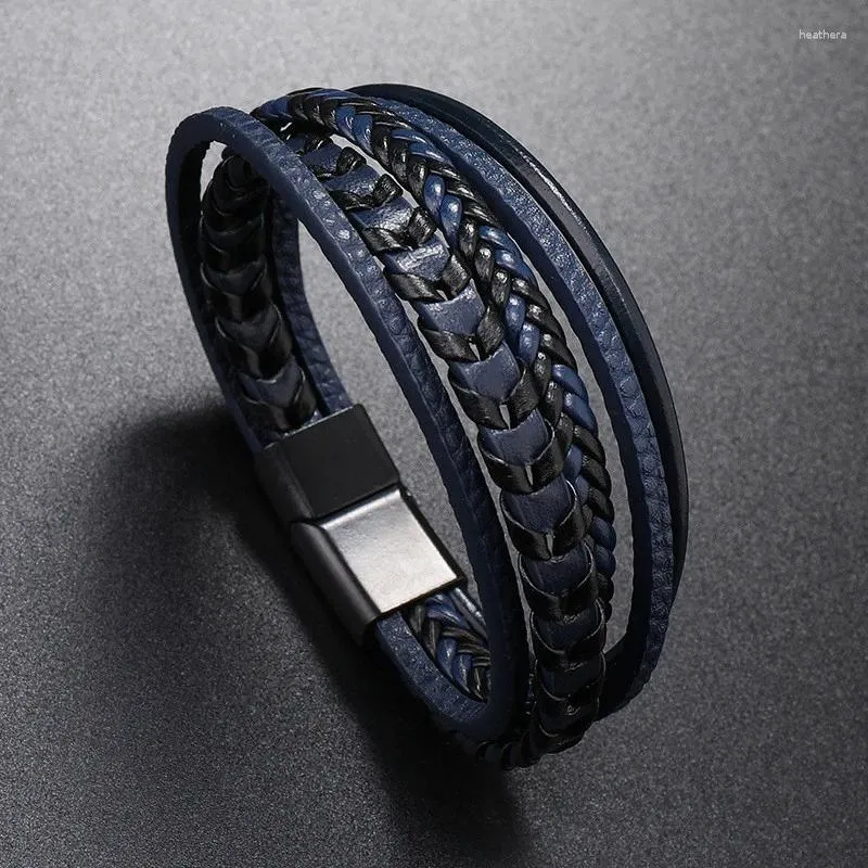 Link pulseiras masculino multi-camada corda de couro tecido pulseira titânio aço fivela magnética pulseira