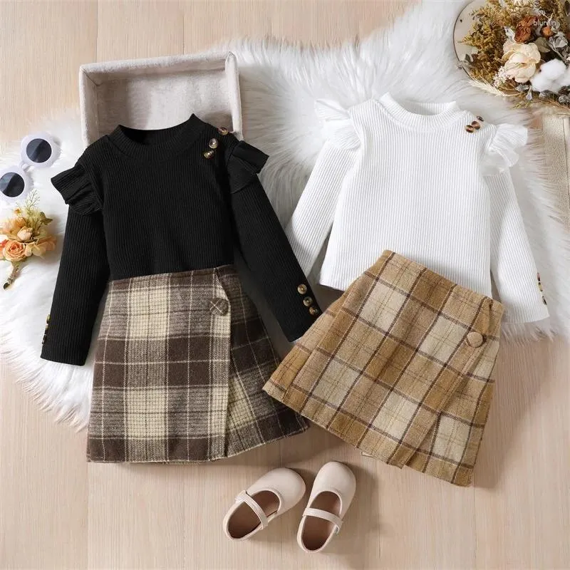 Ensembles de vêtements Focusnorm 1-6Y Mode Automne Enfants Filles Vêtements 2pcs Tenues À Manches Longues O Cou À Volants Hauts Bouton Plaid A-ligne Jupes