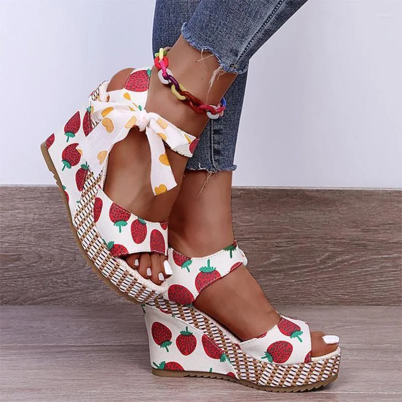 Sandaler Summer Women Platform Woman Print Bow Wedges 2023 Ladies Lace Up Shoes Female Casual Elegant Footwear For