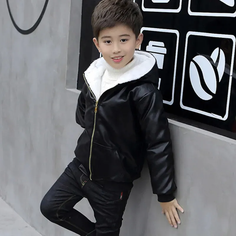 Jackets 6 9 10 11 12 Years Children Boys Girl Hooded Fur Zipper Biker Leather Jacket Winter Warm Fleece Coat Teenager Outerwear 231027