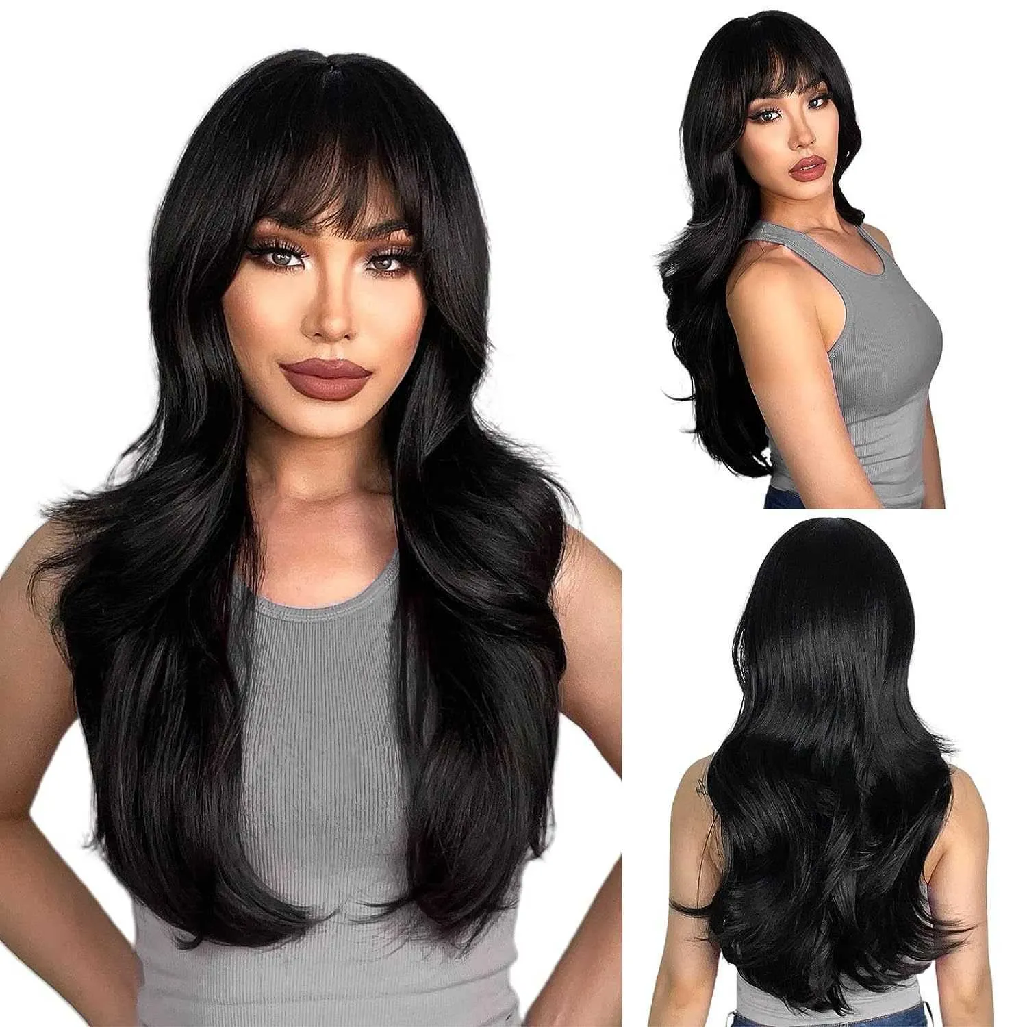 Synthetic Wigs Wig Women's Fashion Chemical Fiber Head Cover Black Straight bangs Long curly hair with large waves and multiple layers